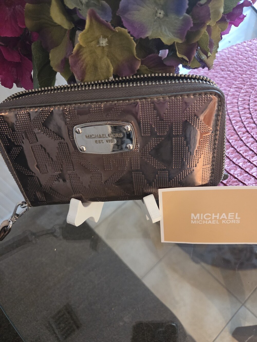 Michael Kors Women's Metallic Pewter Logo Zip Around Wallet/Wristlet Never Used